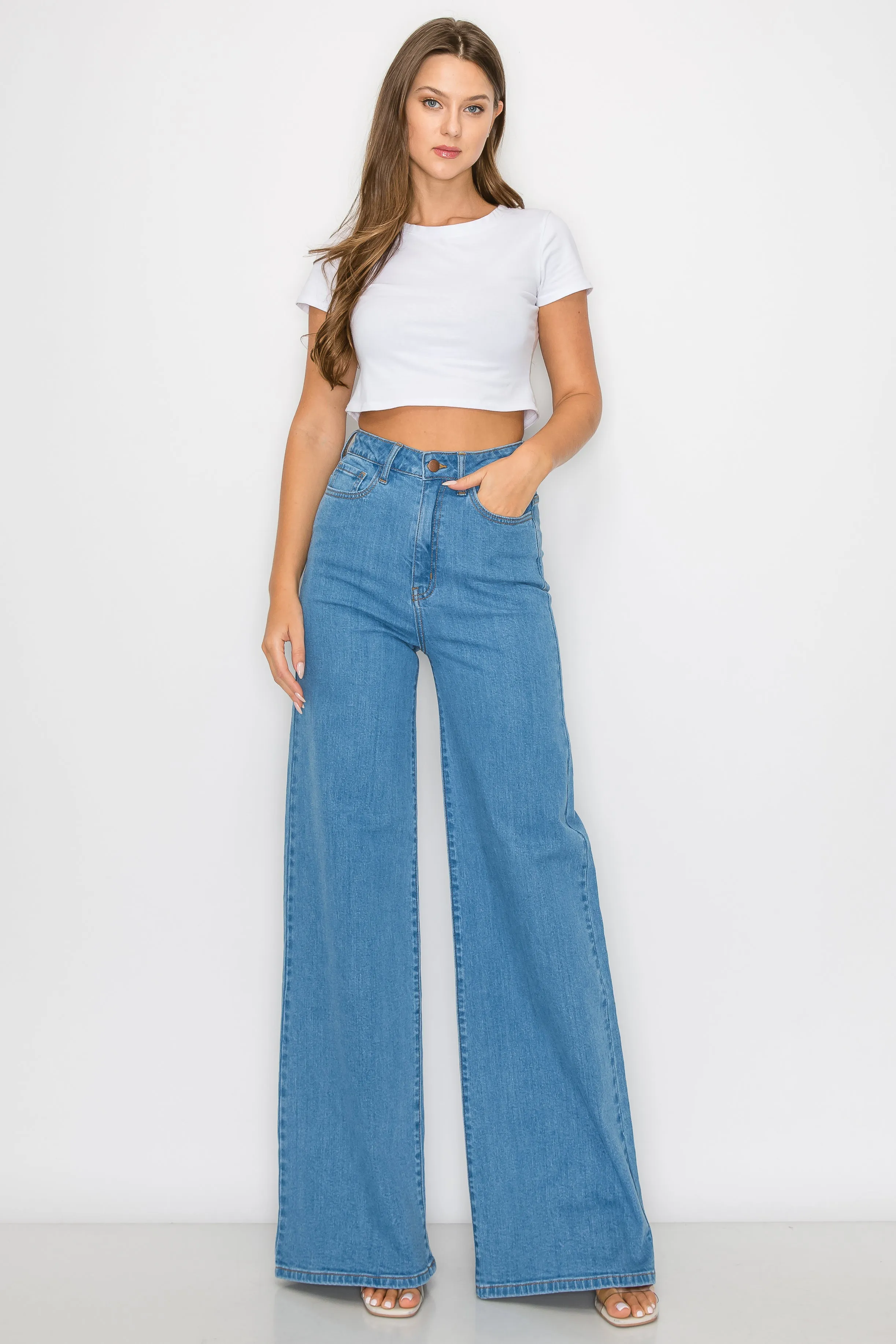 40030PN Women's High Waisted Stretch Wide-Leg Flare Baggy Jeans