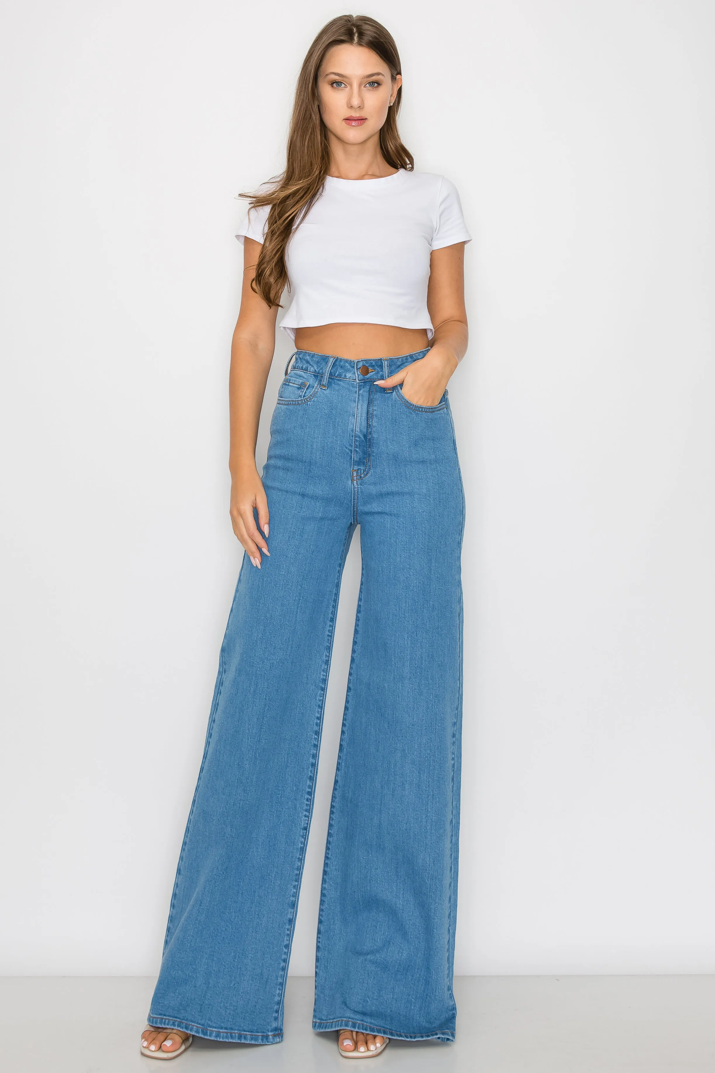 40030PN Women's High Waisted Stretch Wide-Leg Flare Baggy Jeans