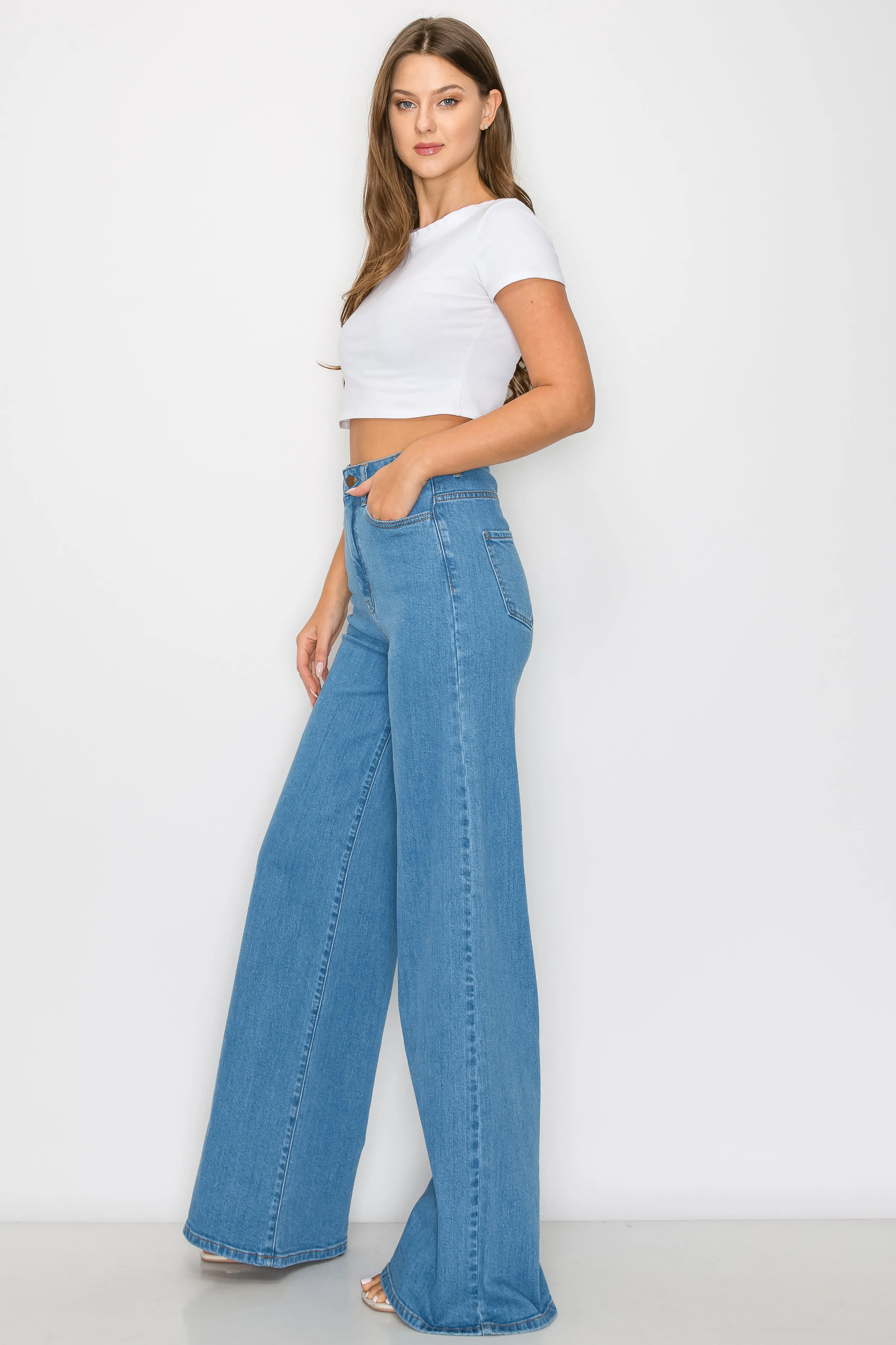 40030PN Women's High Waisted Stretch Wide-Leg Flare Baggy Jeans