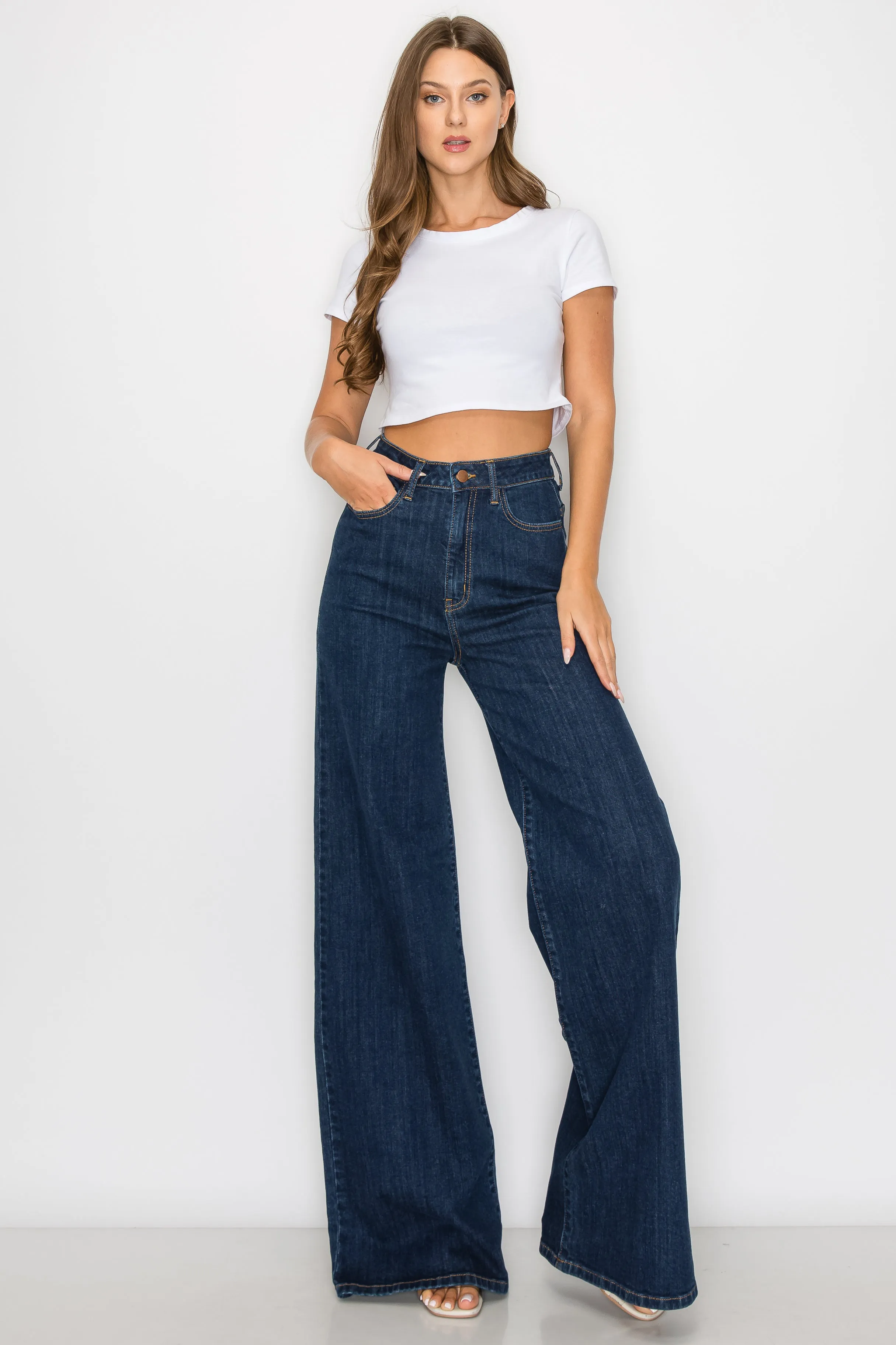 40030PN Women's High Waisted Stretch Wide-Leg Flare Baggy Jeans