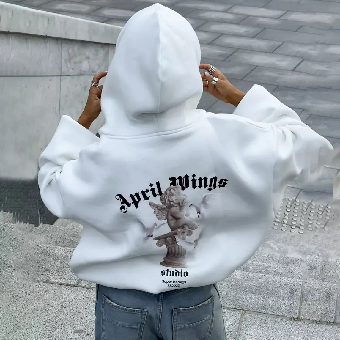 Angel Print Graphic Loose High Street Hoodie