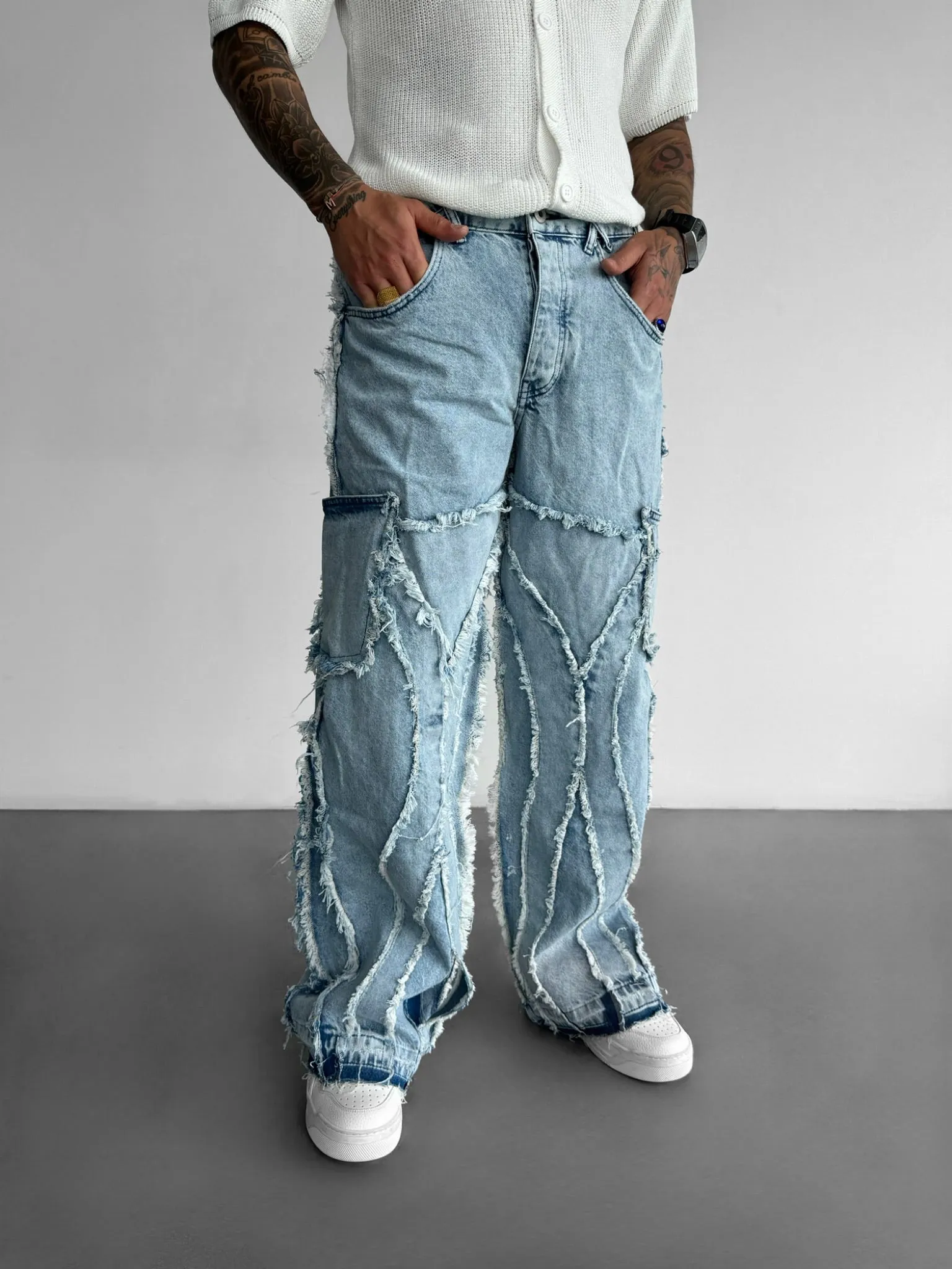 Baggy Shredded Stil Jeans - Blue