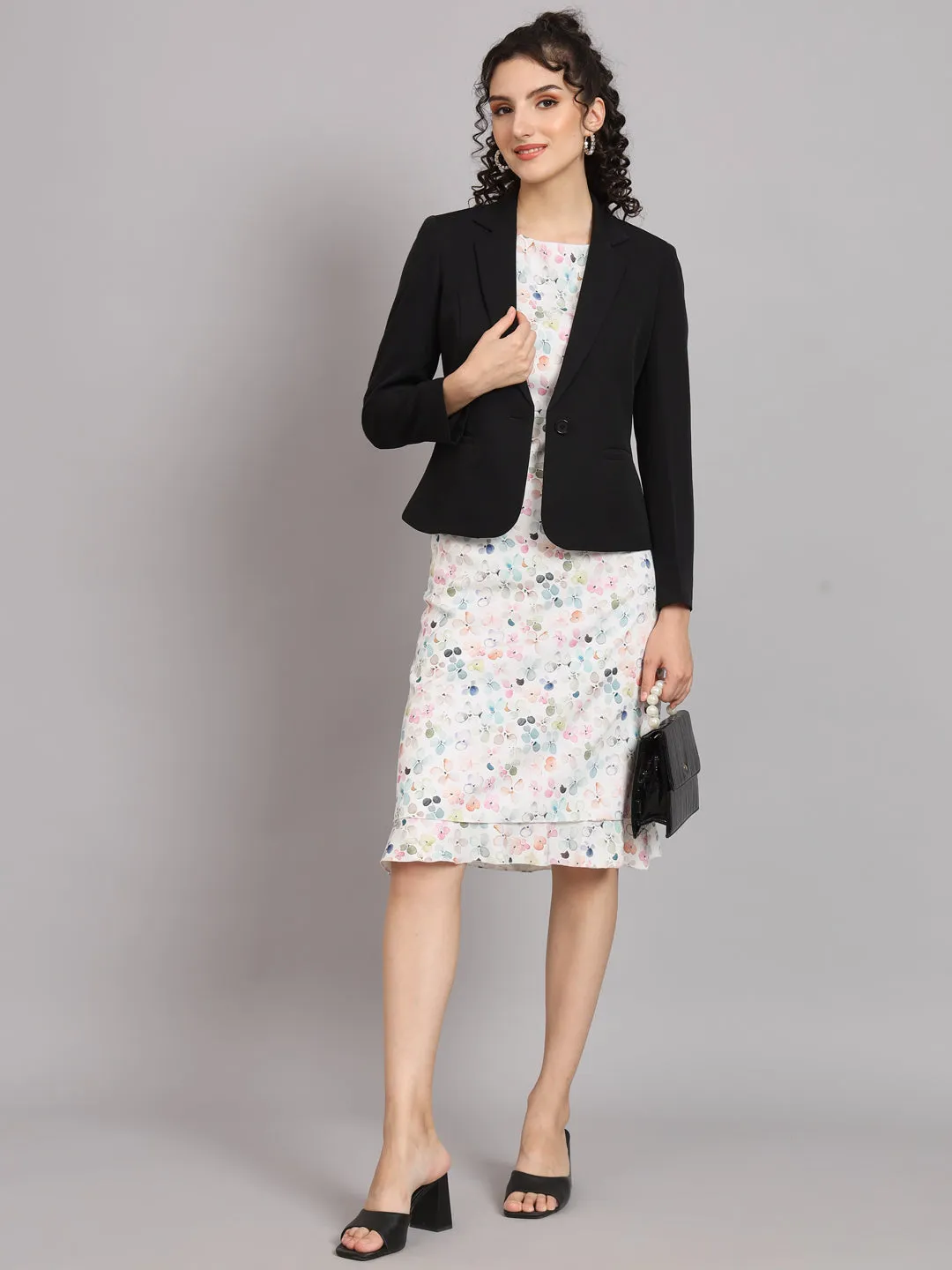 Black Polyester Notch Collar Short Blazer