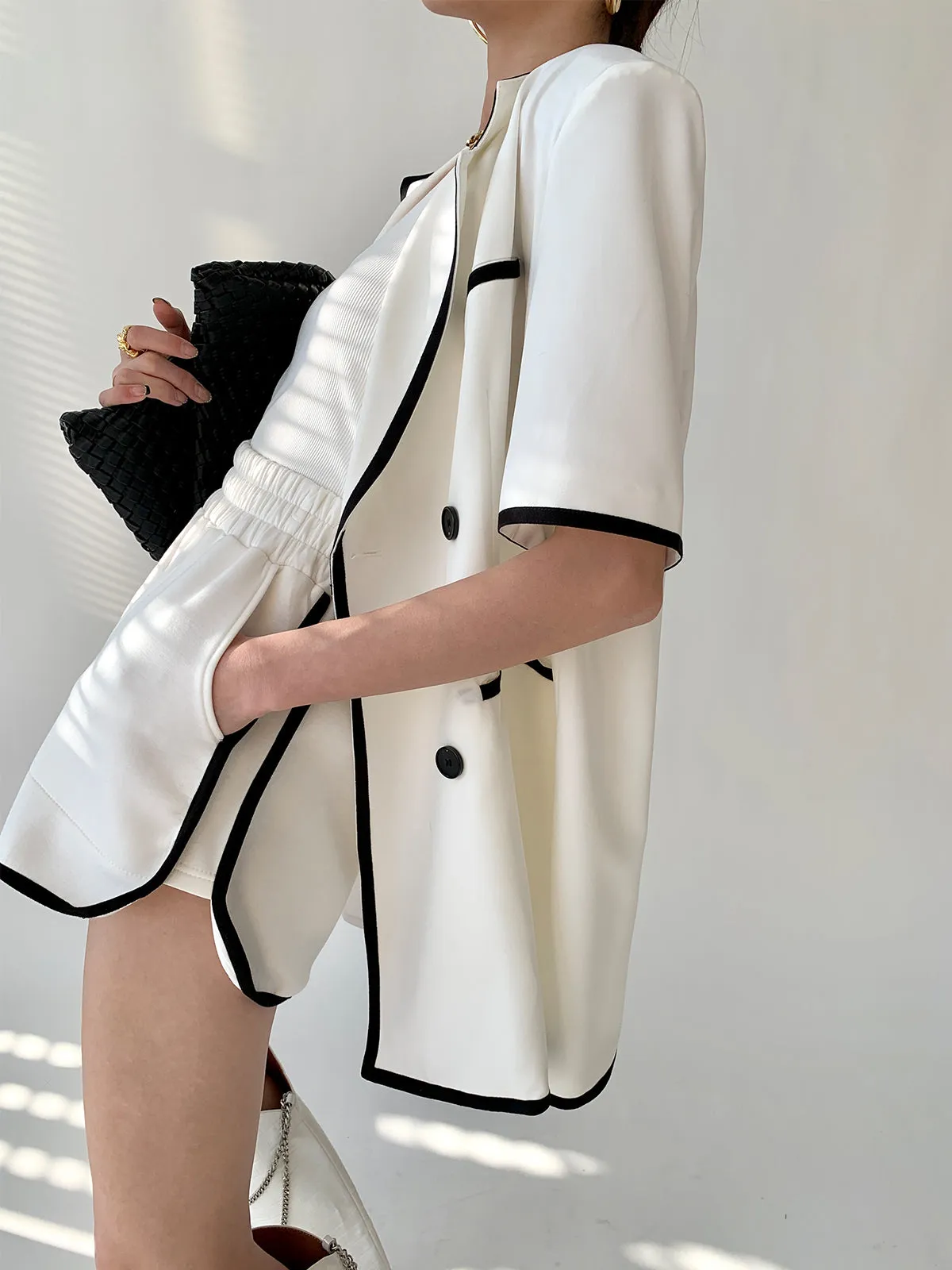 Black Trim White Short Sleeve Blazer