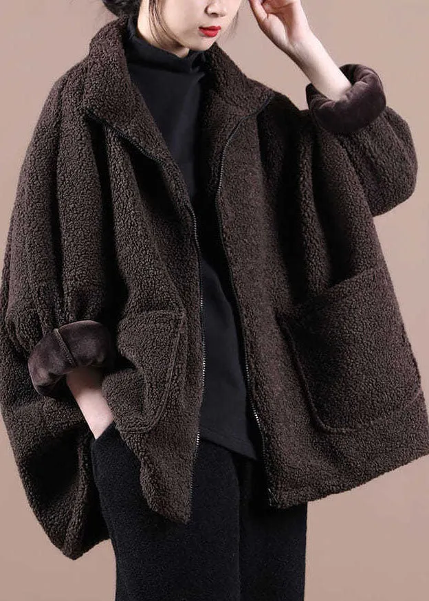 Chocolate Warm Teddy Faux Fur Loose Coats Zip Up Solid Batwing Sleeve