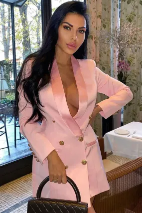 Contrast Trim Shawl Neck Double Breasted Blazer Mini Dress - Pink