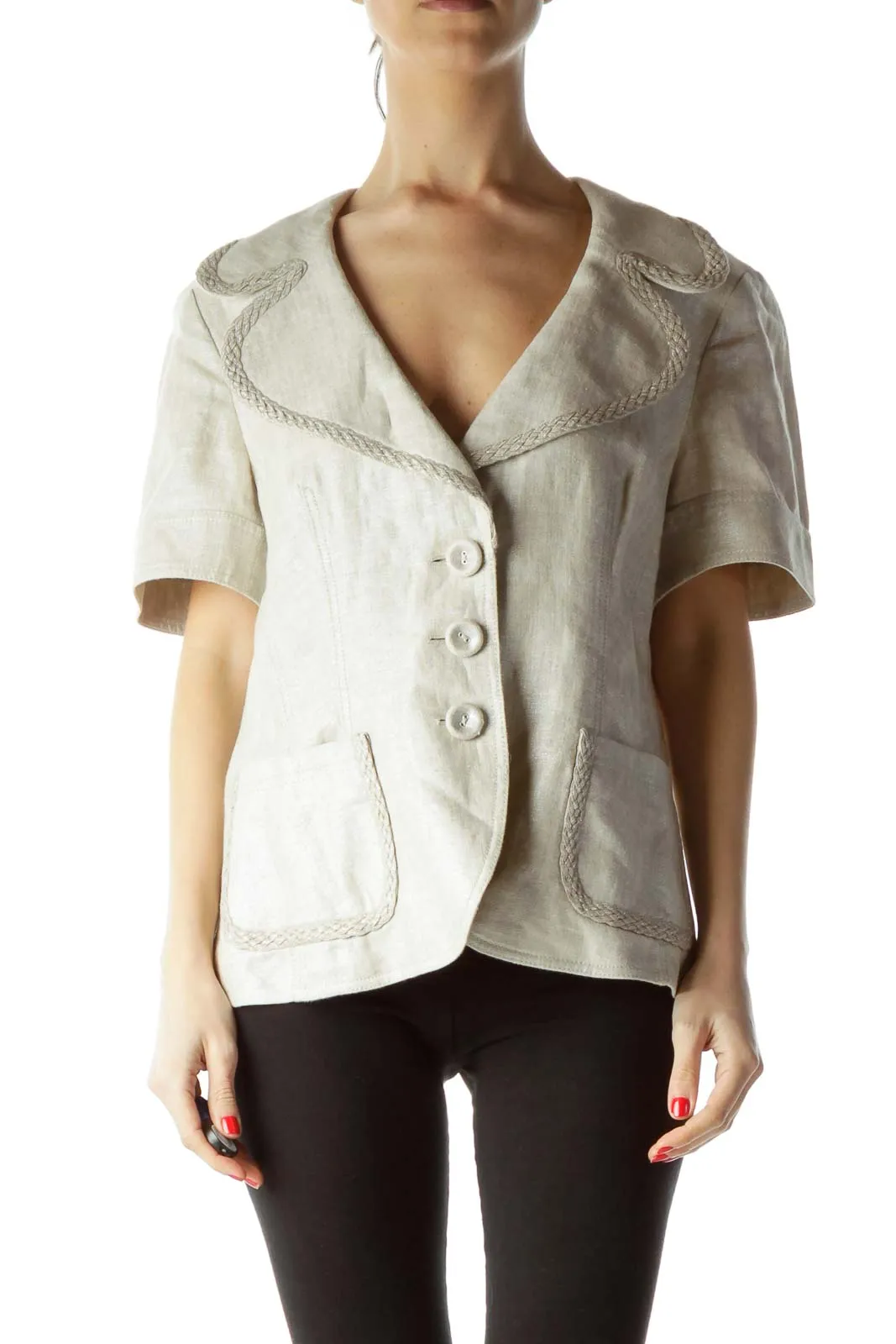 Cream Metallic 100% Linen Short Sleeve Blazer