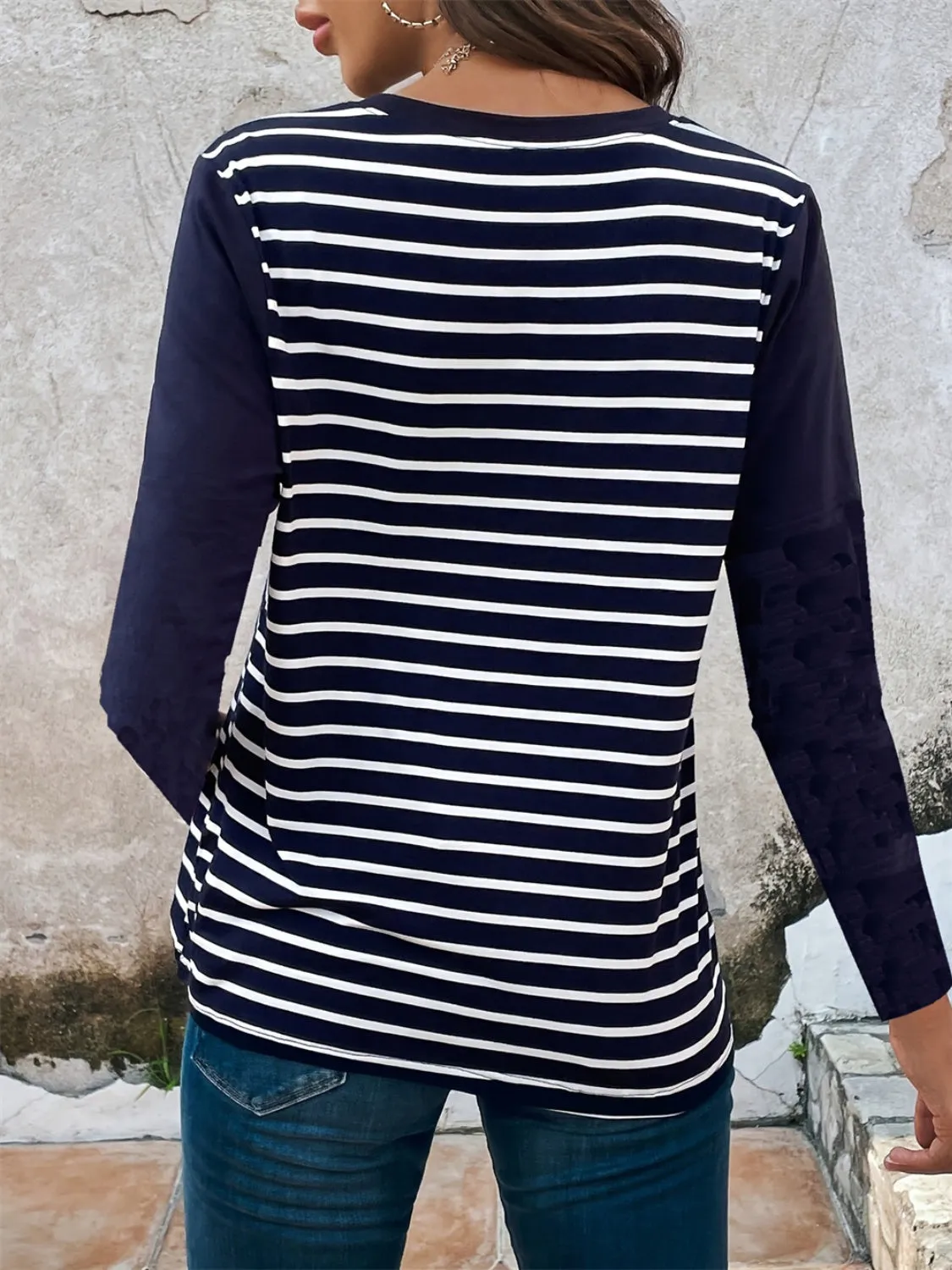 Decorative Button Striped Round Neck Long Sleeve T-Shirt