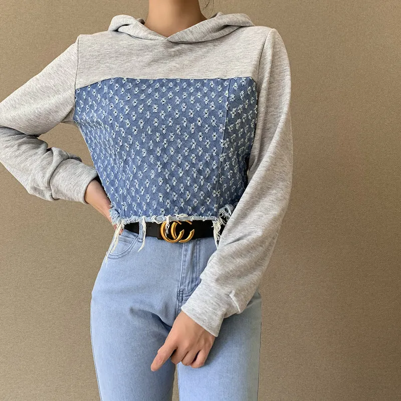 Denim patchwork top Hooded Sweater