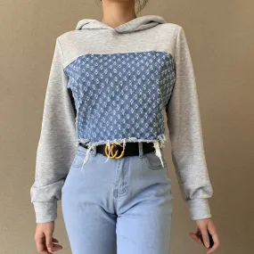 Denim patchwork top Hooded Sweater