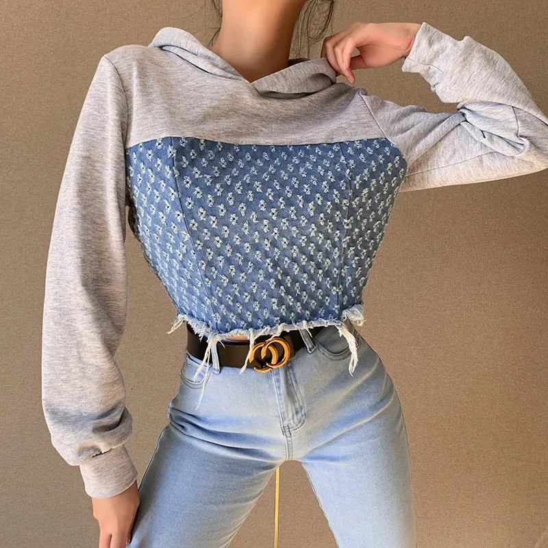 Denim patchwork top Hooded Sweater