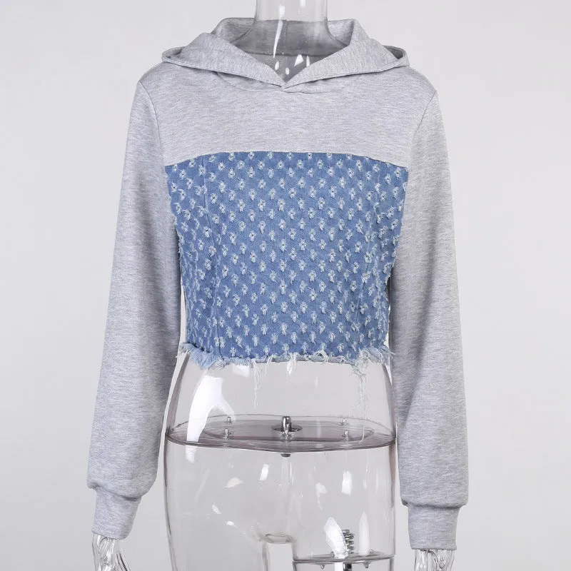 Denim patchwork top Hooded Sweater