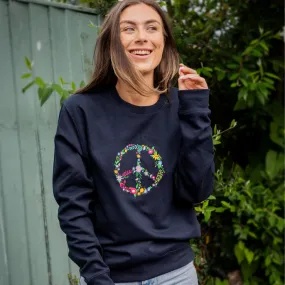 Embroidered Floral Peace Sign Sweatshirt in Navy