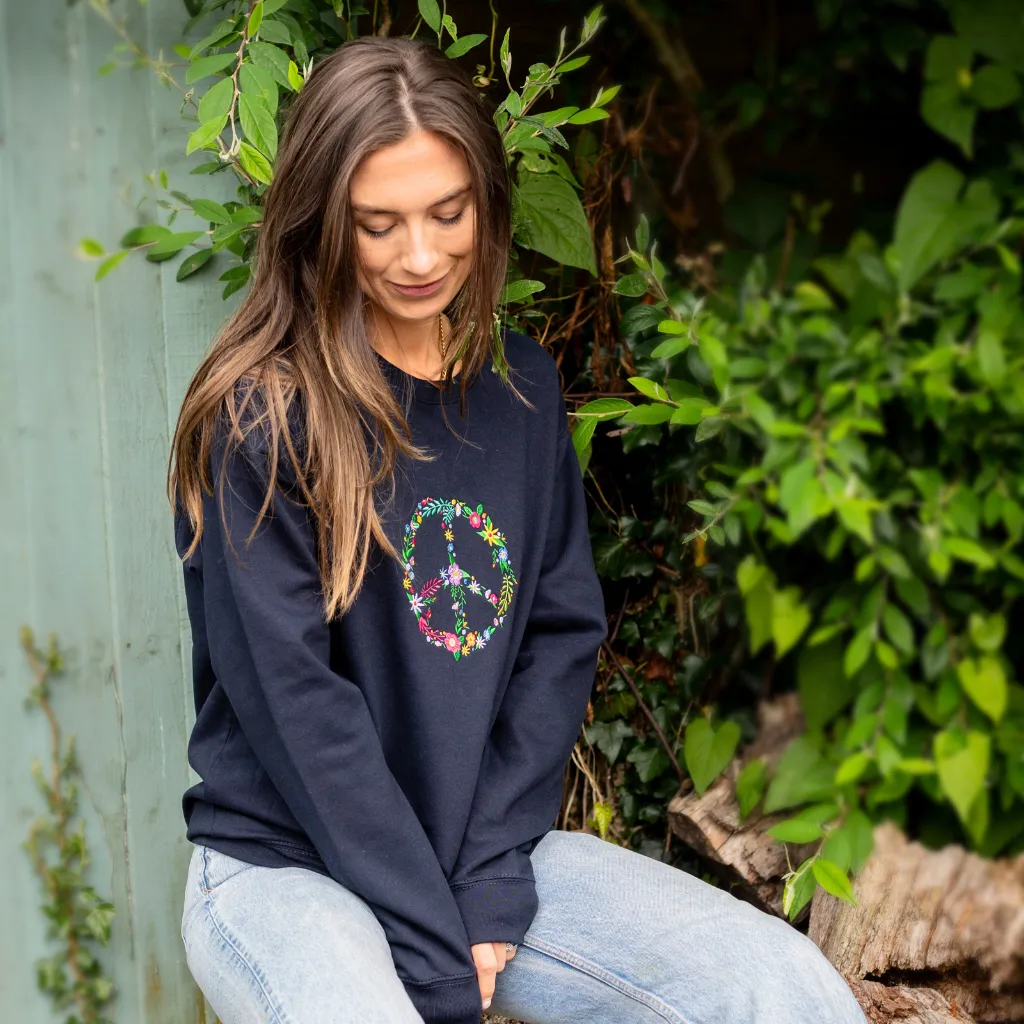 Embroidered Floral Peace Sign Sweatshirt in Navy