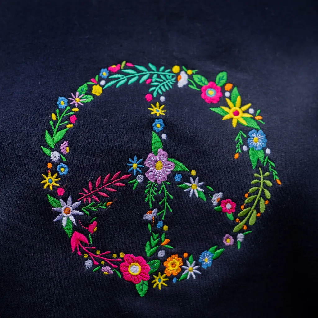 Embroidered Floral Peace Sign Sweatshirt in Navy