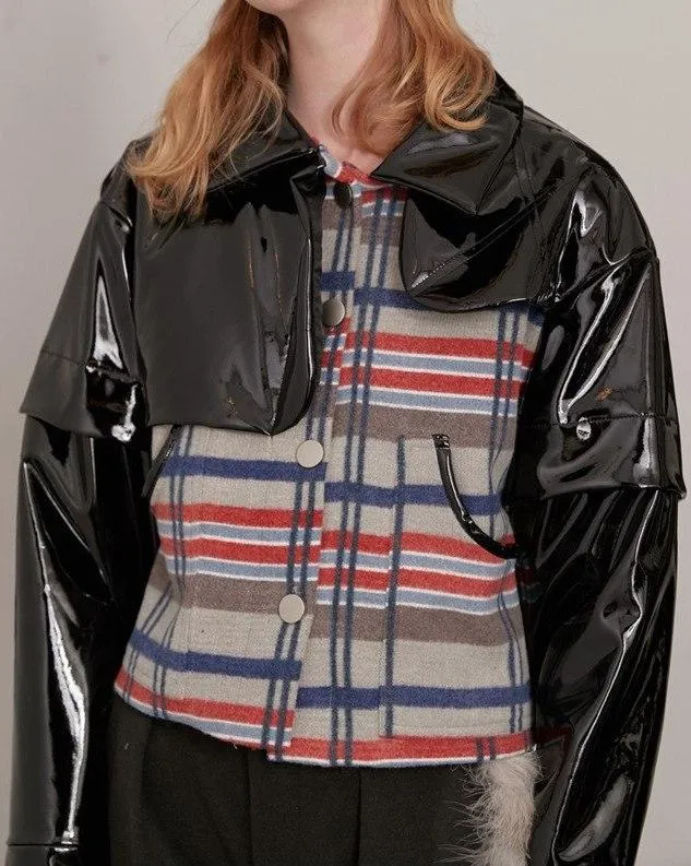 Faux-Patent Leather Paneled Check Jacket