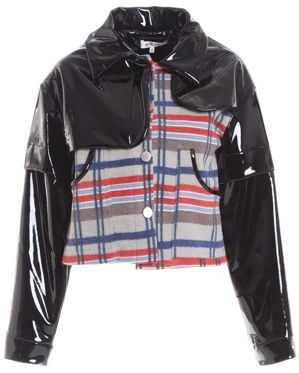 Faux-Patent Leather Paneled Check Jacket