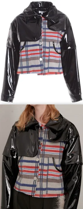 Faux-Patent Leather Paneled Check Jacket