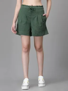 Green Linen Blend Relaxed Fit Shorts For Women