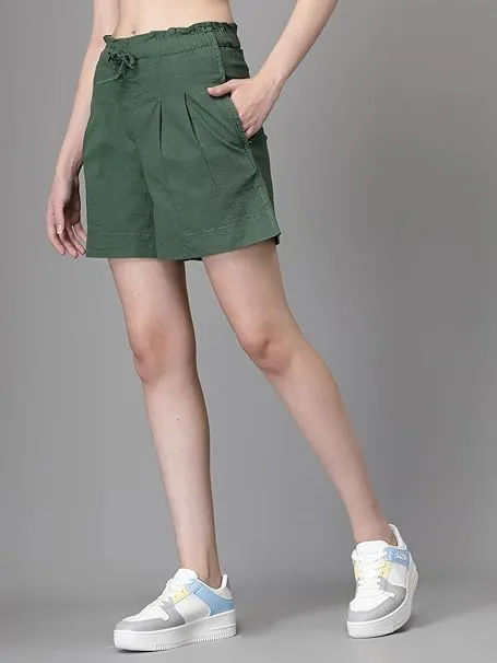 Green Linen Blend Relaxed Fit Shorts For Women