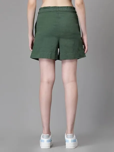 Green Linen Blend Relaxed Fit Shorts For Women