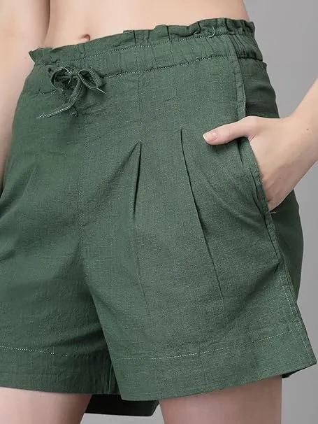 Green Linen Blend Relaxed Fit Shorts For Women