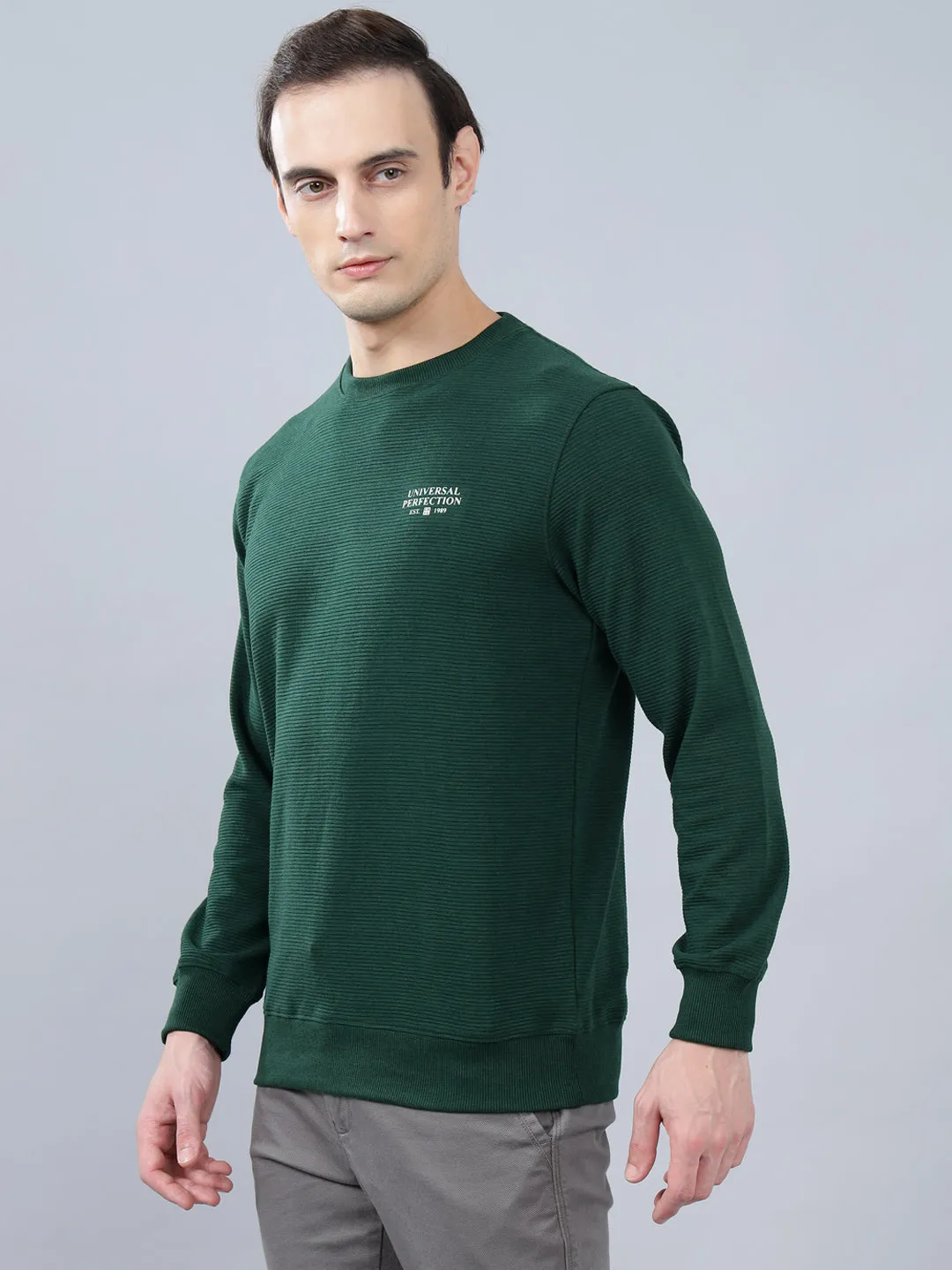 Men's Bottle Green Self Design Full Sleeves T-shirt For Winter