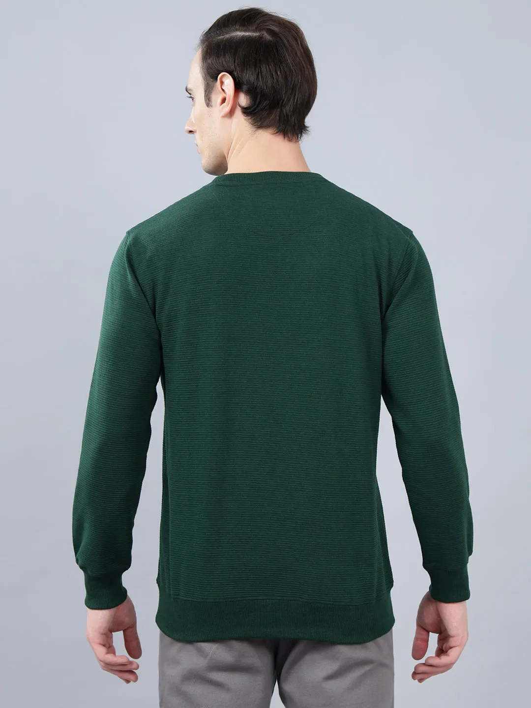 Men's Bottle Green Self Design Full Sleeves T-shirt For Winter