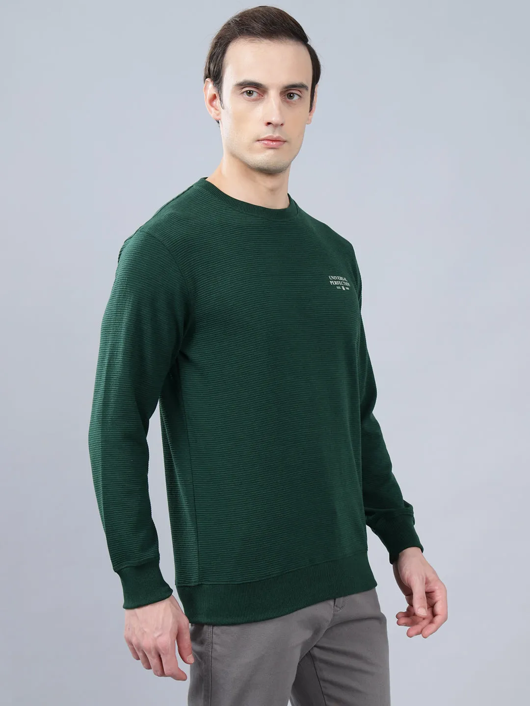 Men's Bottle Green Self Design Full Sleeves T-shirt For Winter