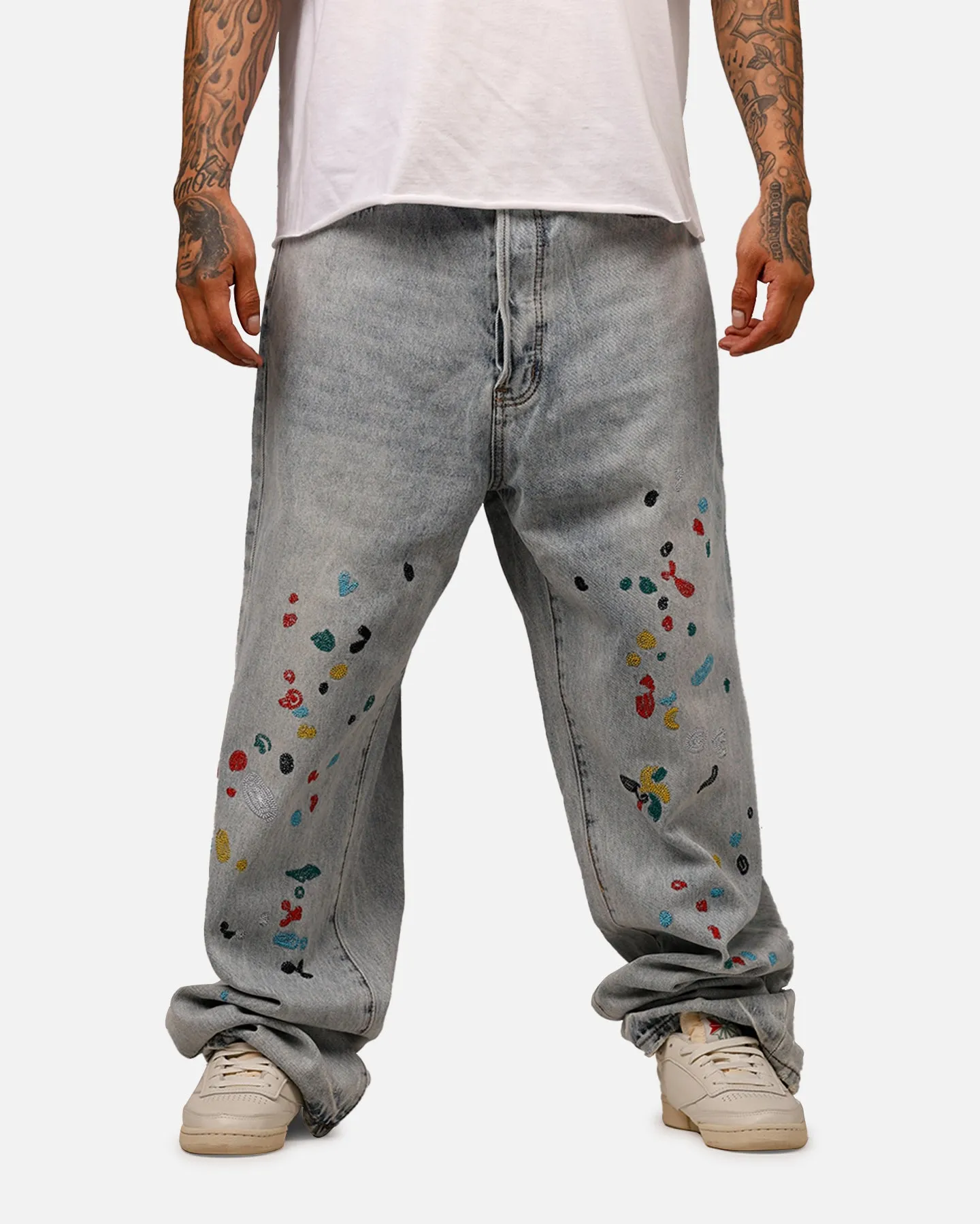 MNML Ultra Baggy Paint Splat Denim Jeans Light Blue