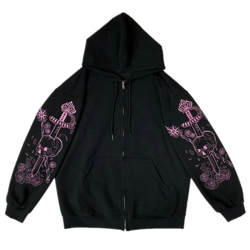 New Butterfly Print Oversize Zip Up Hoodies