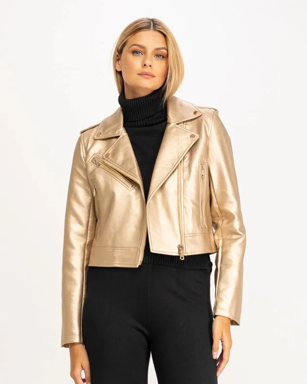 Perfect style faux leather jacket with zipper detail GOLD