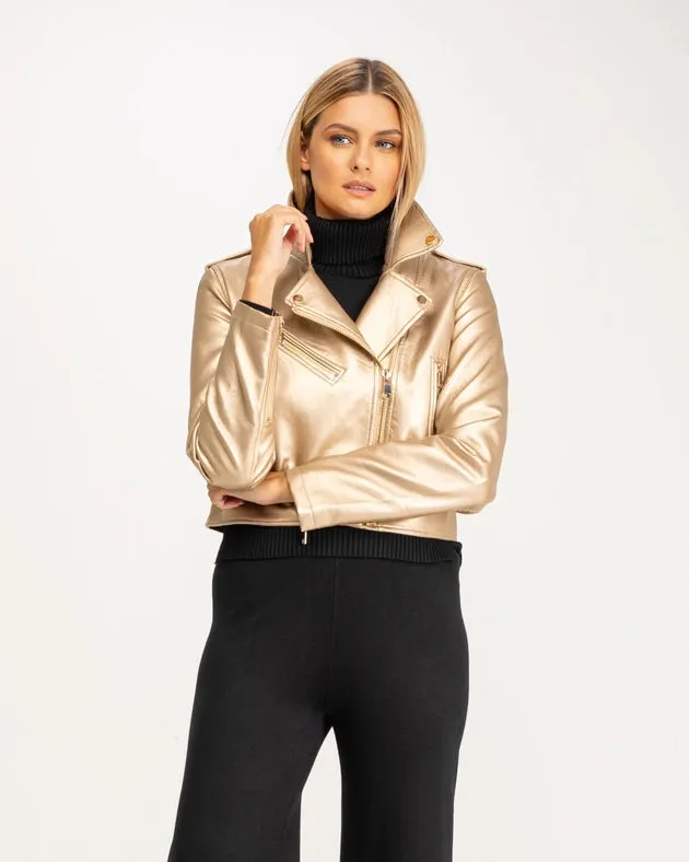 Perfect style faux leather jacket with zipper detail GOLD