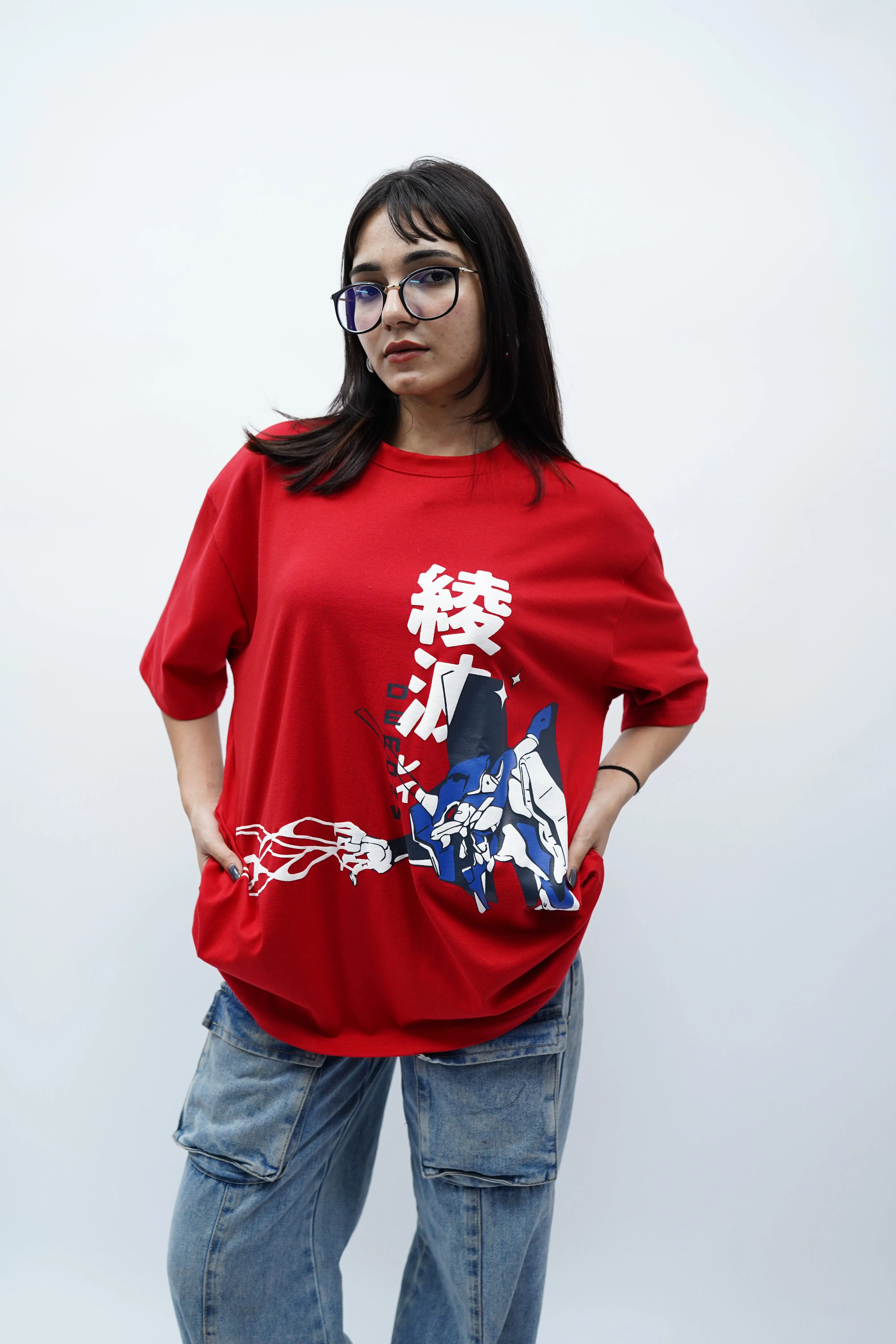 "Neon Genesis" Oversized Puff Print Red T-Shirt By DemonWear for Her