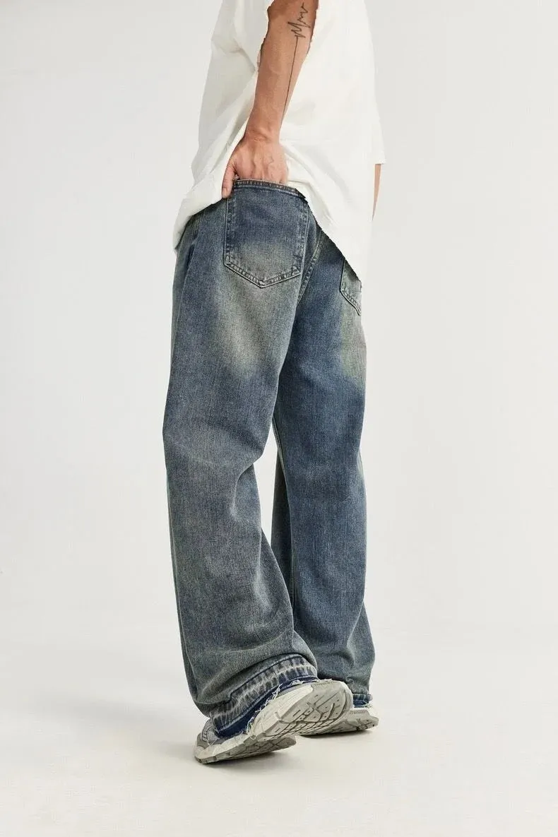 Raw Fringed Washed Baggy Jeans