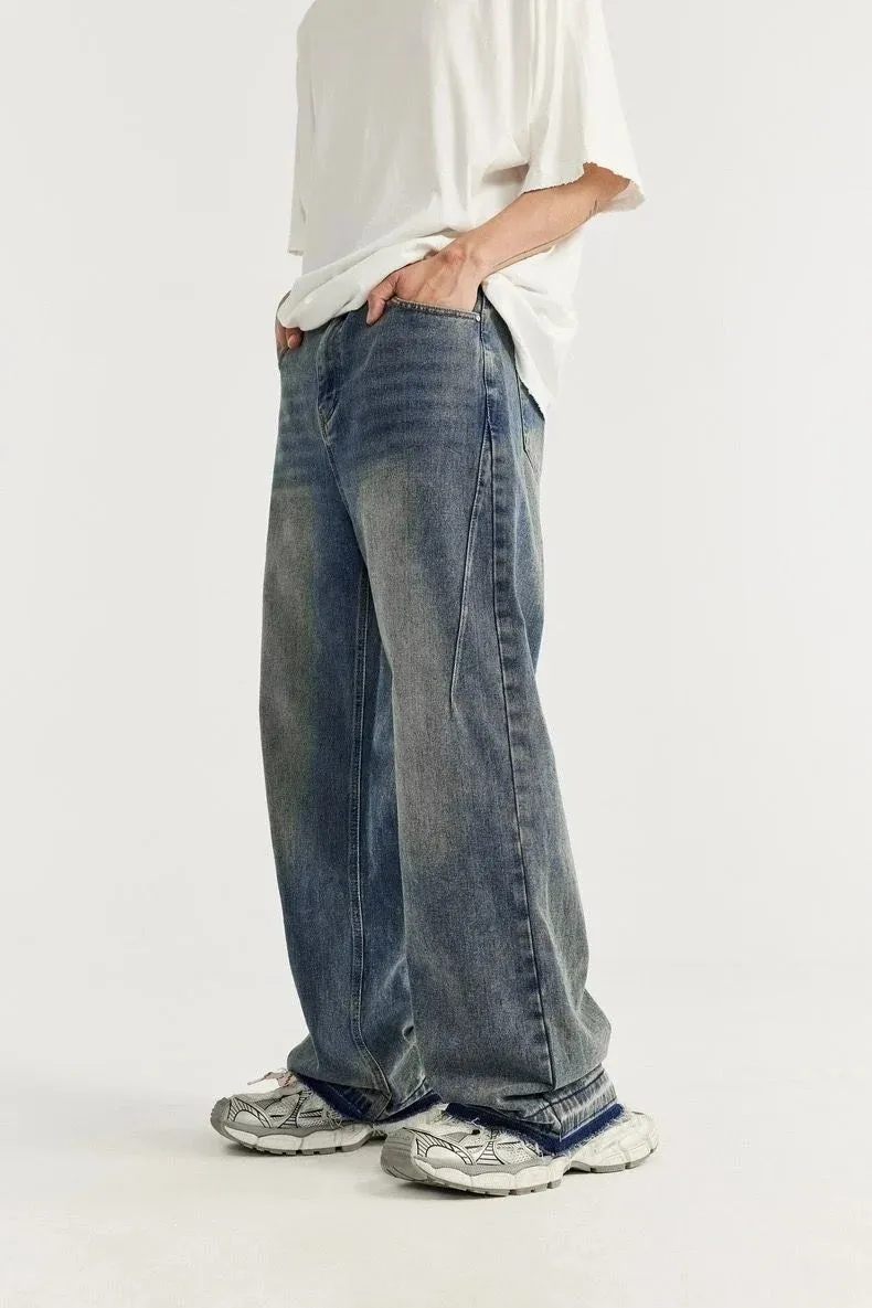 Raw Fringed Washed Baggy Jeans