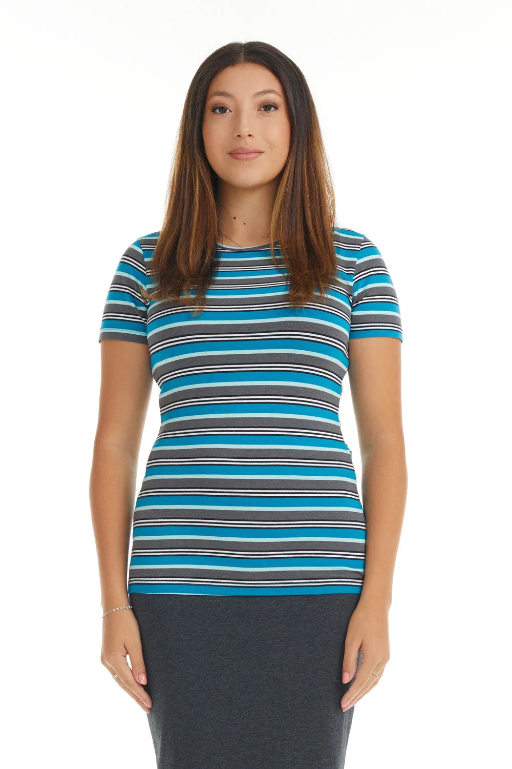 Short Sleeve Crewneck T-Shirt Top with Grey Blue and White Stripes B-539