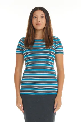 Short Sleeve Crewneck T-Shirt Top with Grey Blue and White Stripes B-539