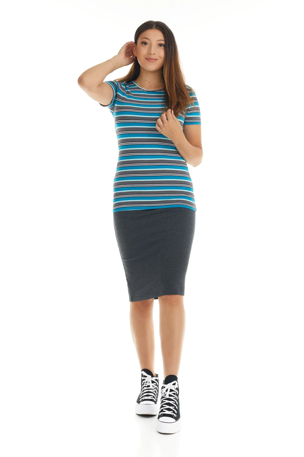 Short Sleeve Crewneck T-Shirt Top with Grey Blue and White Stripes B-539