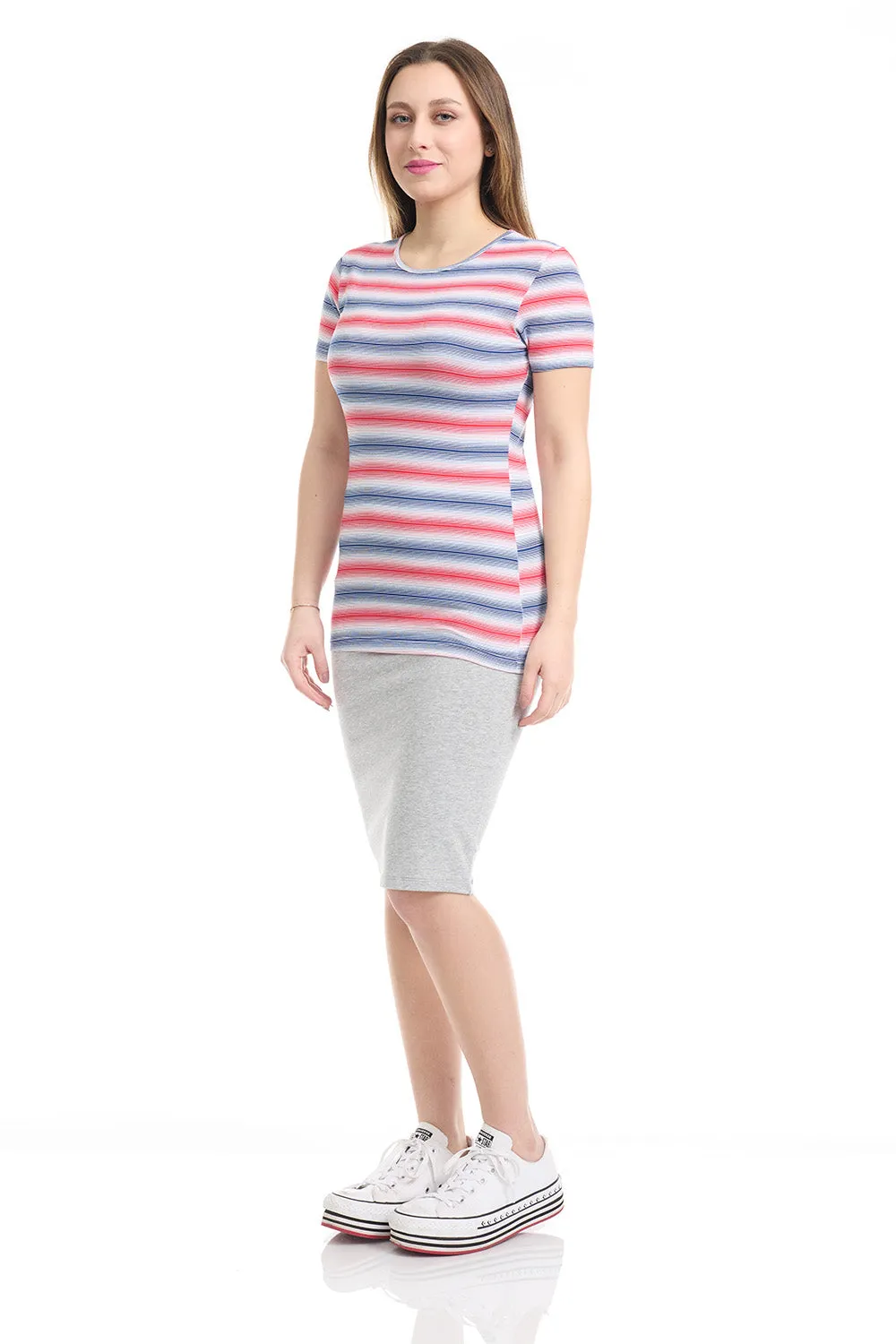 Short Sleeve Crewneck T-Shirt Top with Red Blue and White Stripes B-435