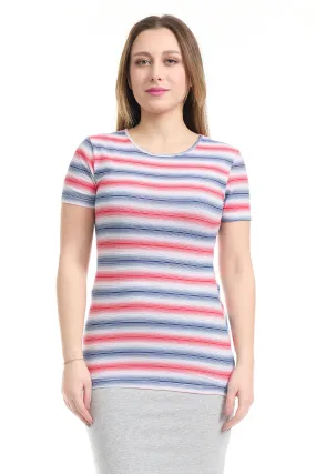 Short Sleeve Crewneck T-Shirt Top with Red Blue and White Stripes B-435