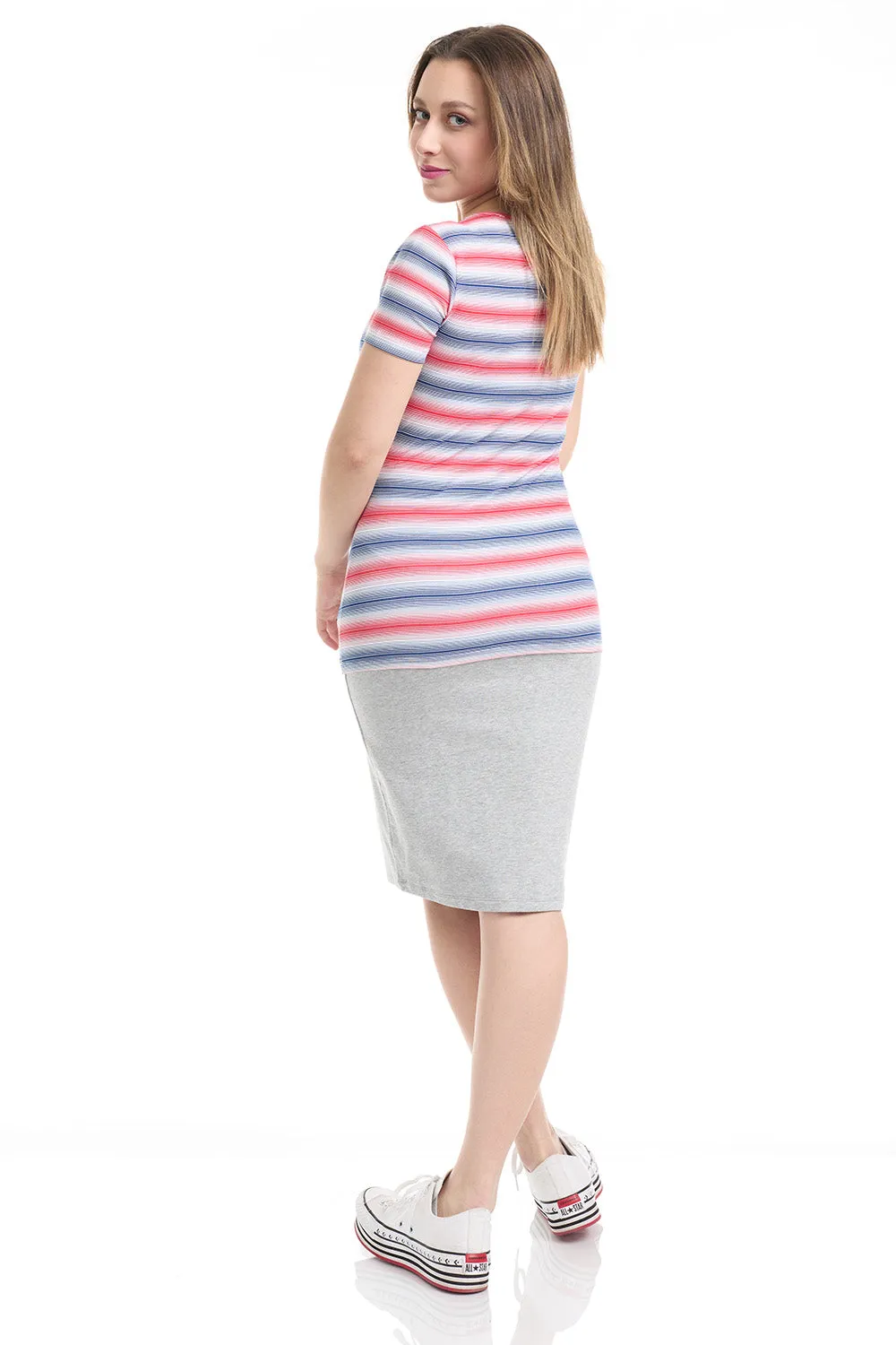 Short Sleeve Crewneck T-Shirt Top with Red Blue and White Stripes B-435