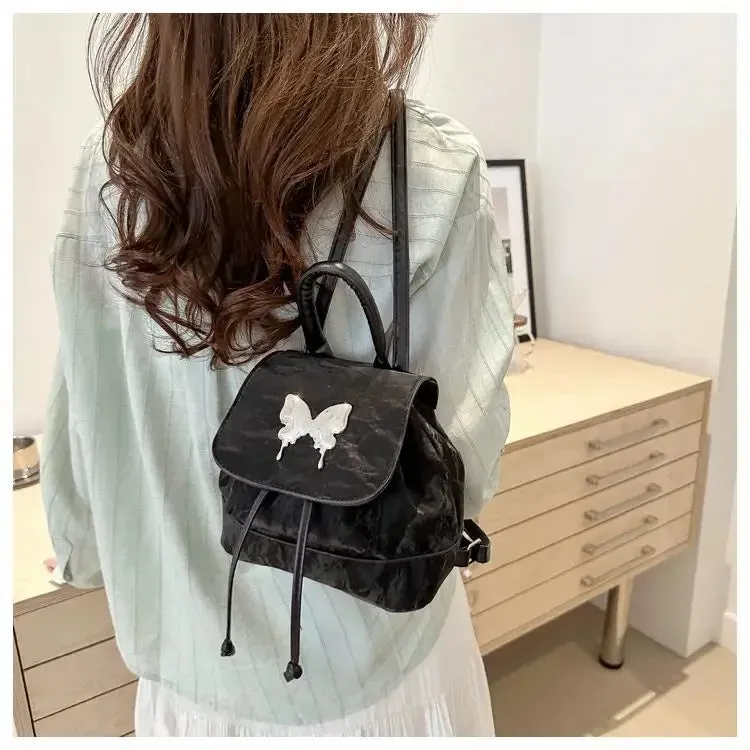 Sohiwoo Cute and Fashionable PU Leather Mini Backpack Kawaii Butterfly Women's Bag School Bag Storage Bag Simple Backpack