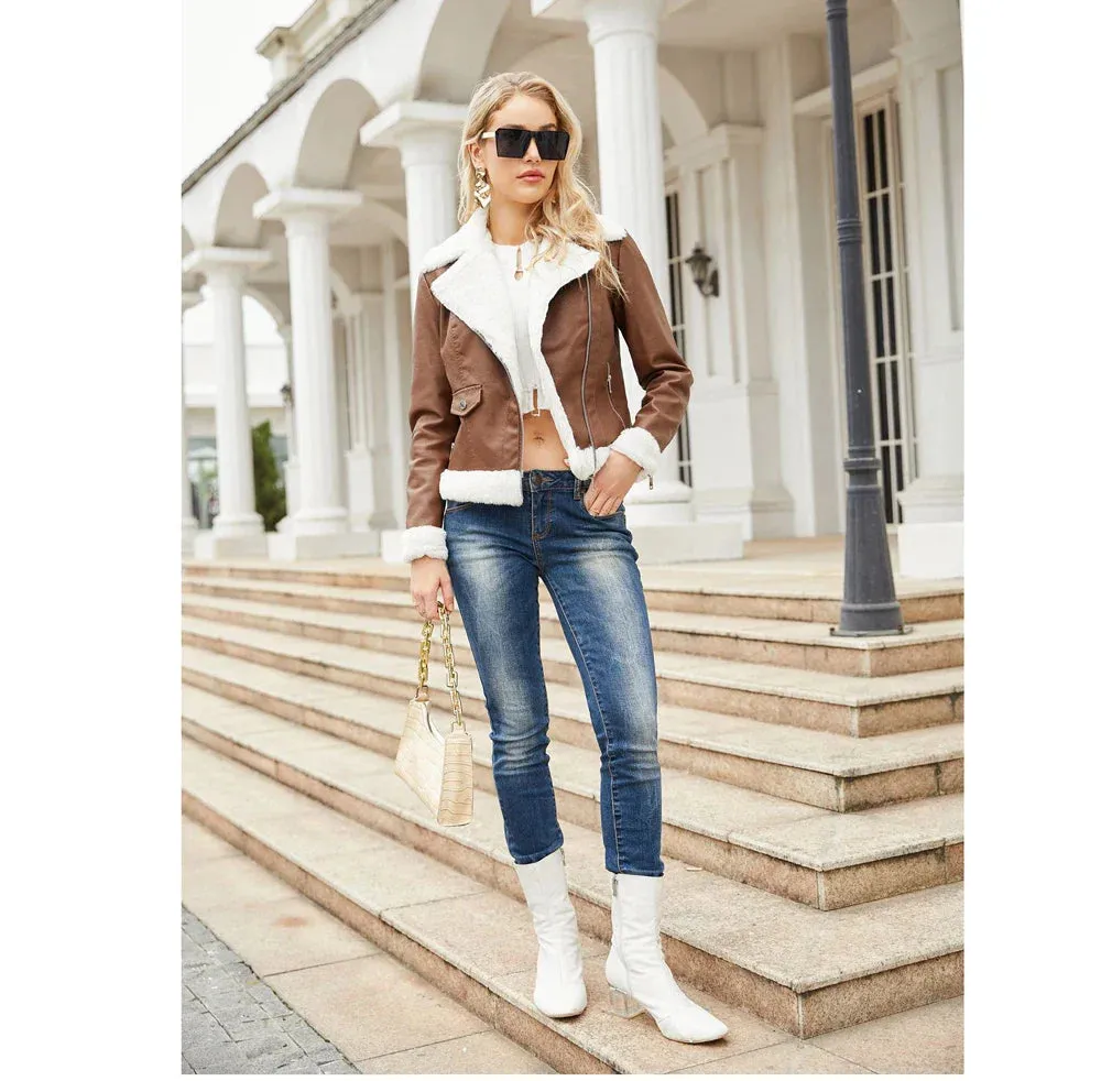 Women Winter Warmth Faux Leather Biker Jacket with Fur Trim