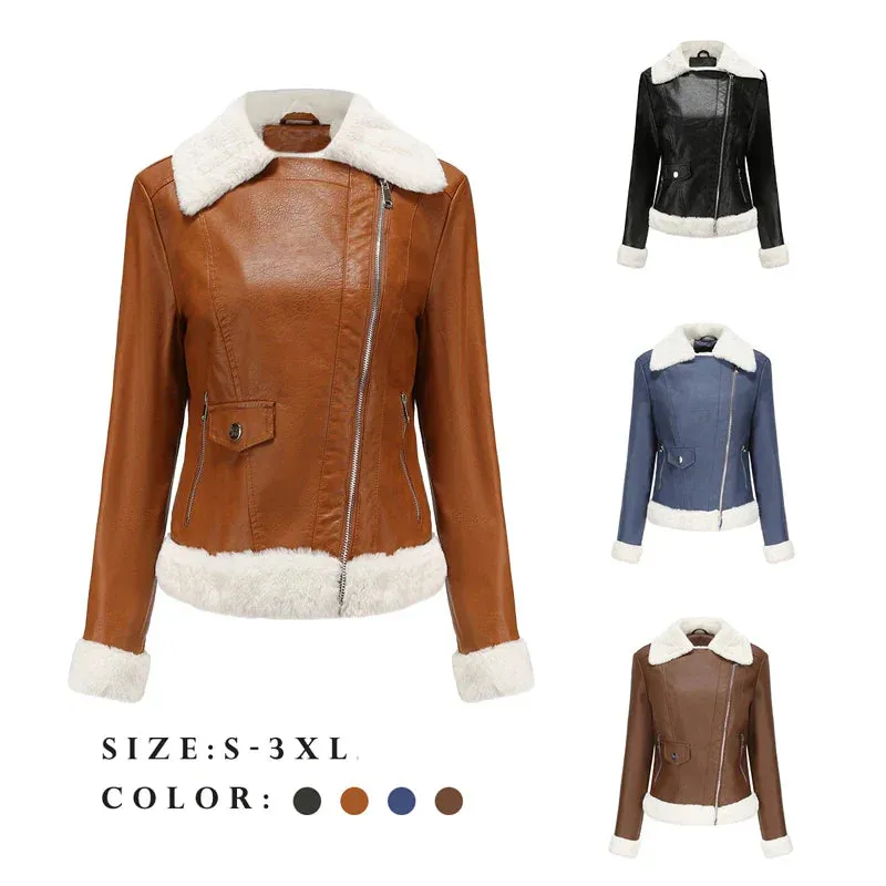 Women Winter Warmth Faux Leather Biker Jacket with Fur Trim