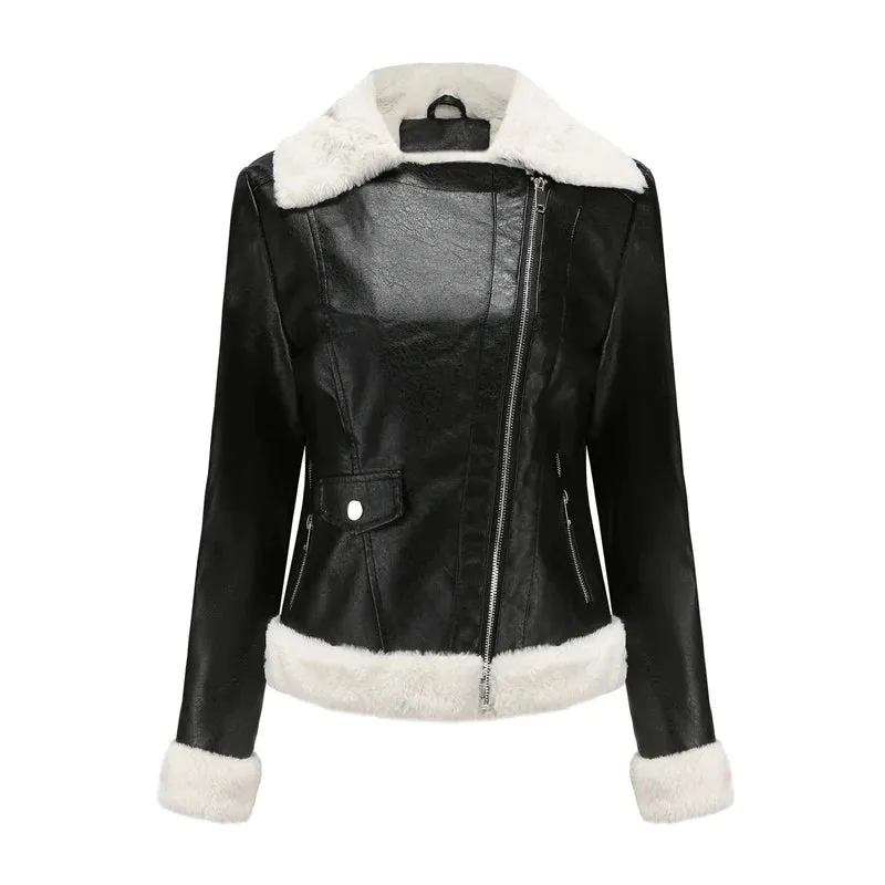 Women Winter Warmth Faux Leather Biker Jacket with Fur Trim