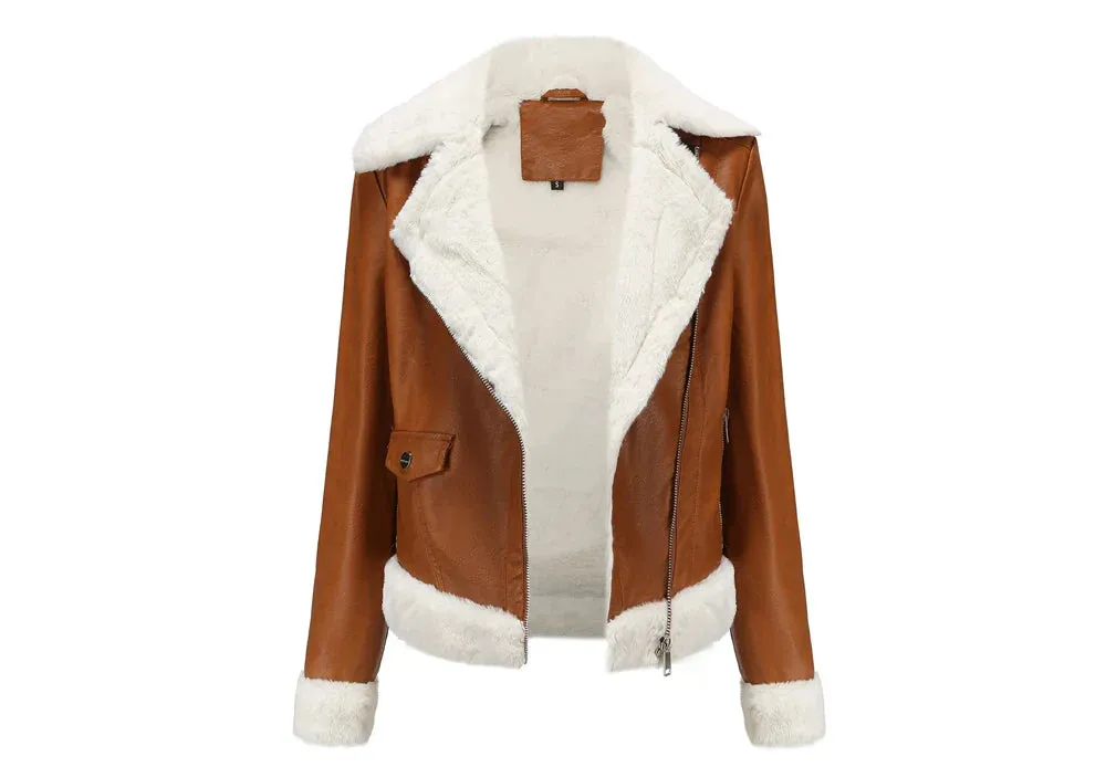 Women Winter Warmth Faux Leather Biker Jacket with Fur Trim