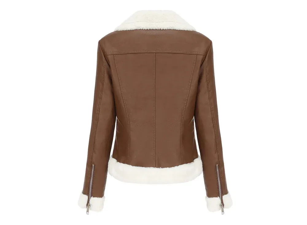 Women Winter Warmth Faux Leather Biker Jacket with Fur Trim