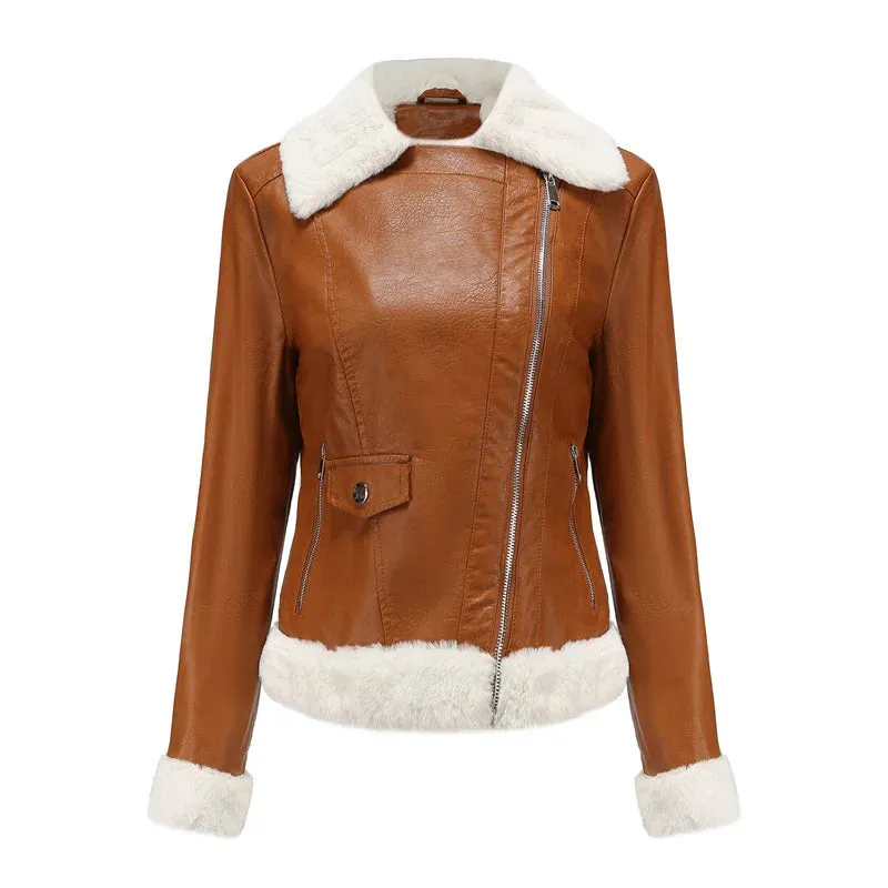 Women Winter Warmth Faux Leather Biker Jacket with Fur Trim