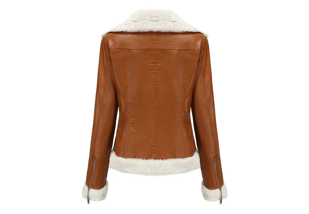 Women Winter Warmth Faux Leather Biker Jacket with Fur Trim